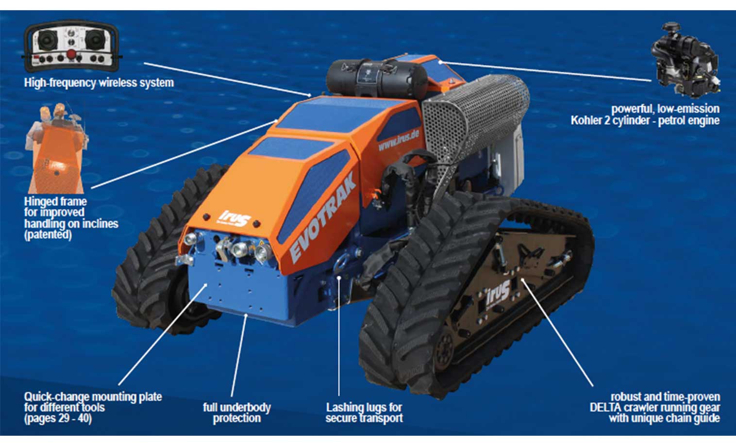 Irus Mowers Evotrak technical data Loxston Groundcare